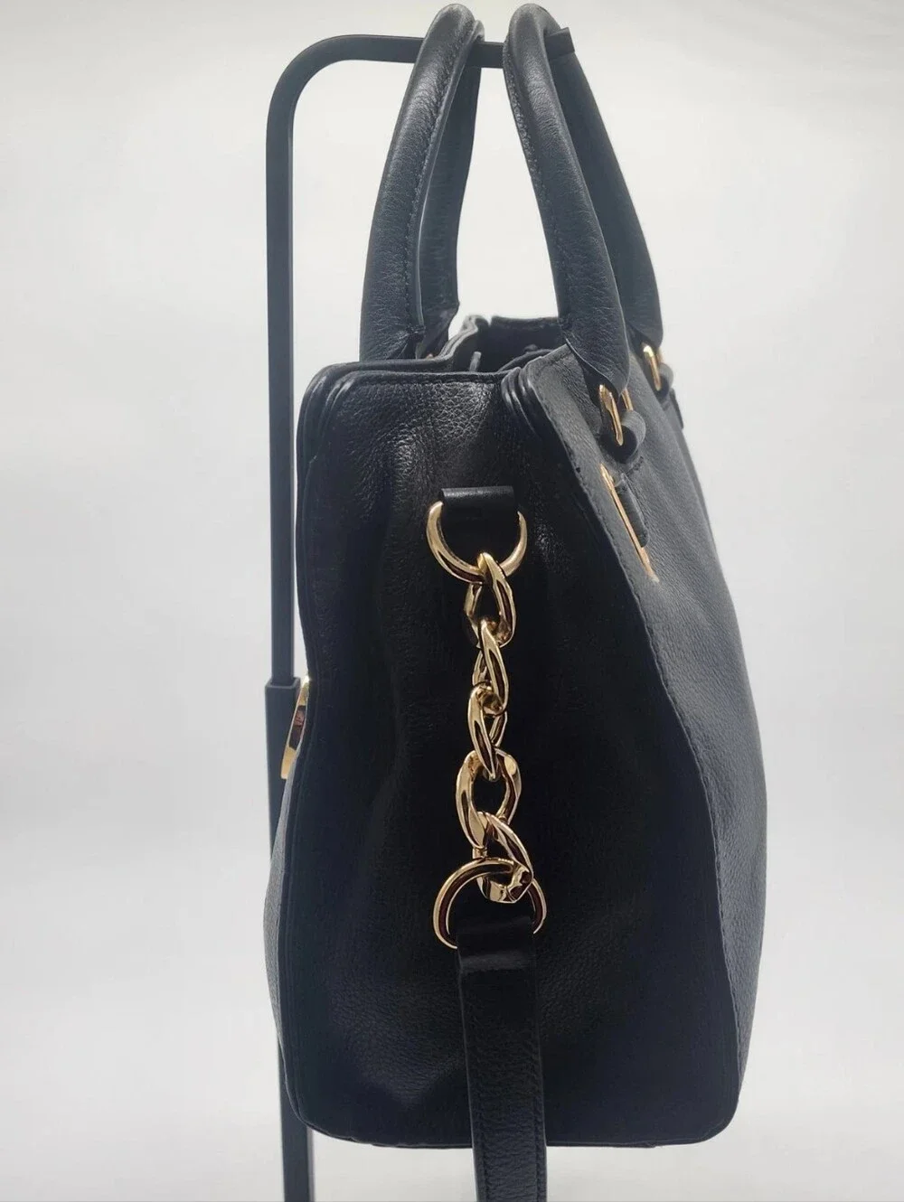 Michael Kors Hamilton Satchel Black Pebbled Leather Gold Hardware